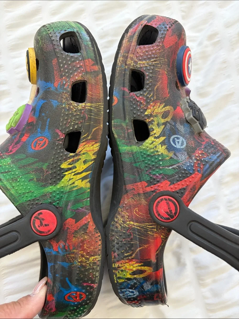 CROCS C 13 Avenger Multi-Color Marvel Clog Sandals. 8 Jibbitts and Logo Brand.
